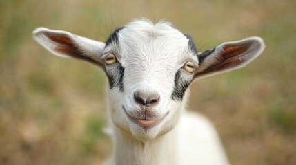 Happy goat portrait with natural rural background showcasing farm life and animal husbandry in a tranquil setting.