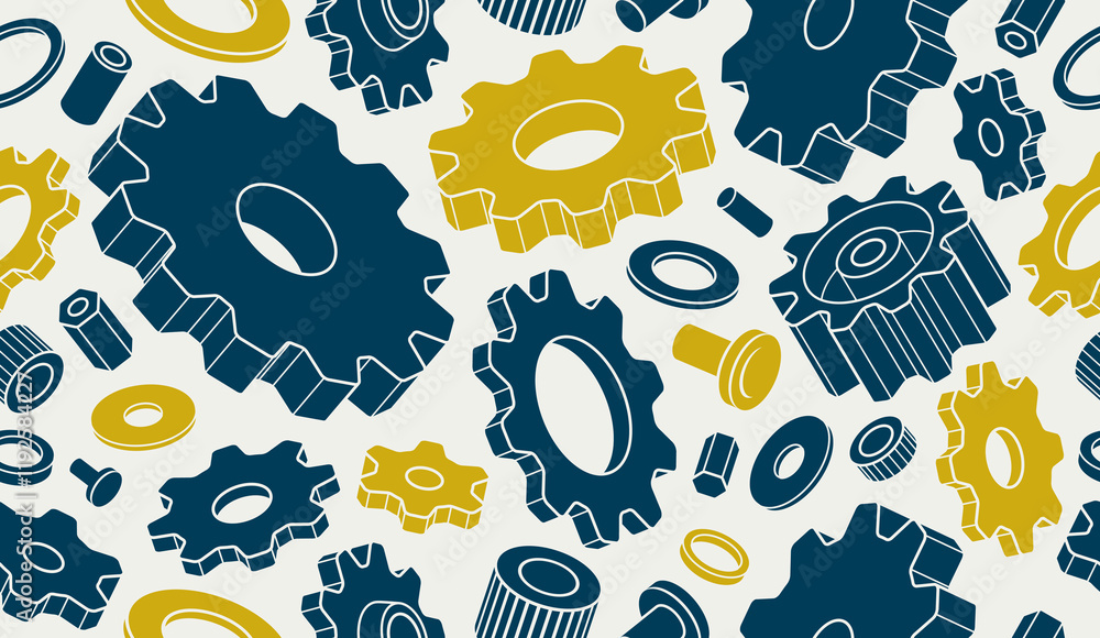Poster gears and cogs seamless background, vector mechanical engineering endless wallpaper, fix and repair 