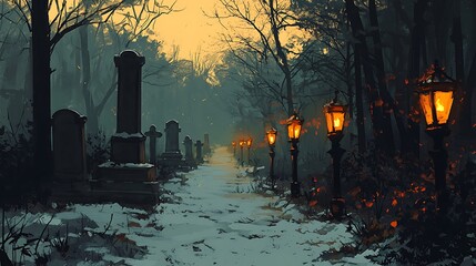 A snow-covered path winds through a dimly lit graveyard at dusk, illuminated by antique lampposts.