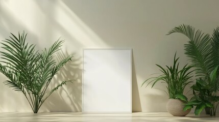Fototapeta premium Minimalist electronic notepad mockup with blank screen in serene indoor plant setting for creative display and design purposes