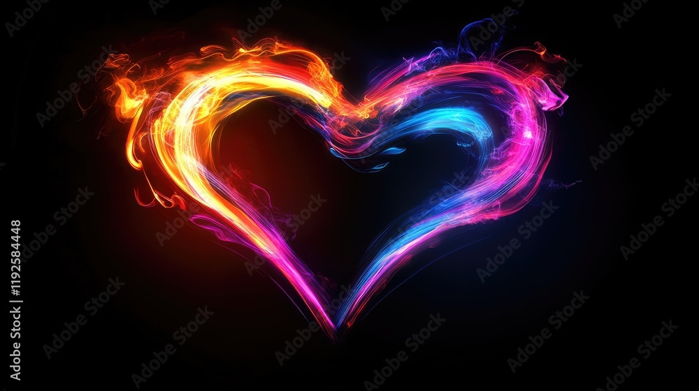 Poster vibrant neon heart shape glowing in dark space with colorful swirling light effects creating a mesme