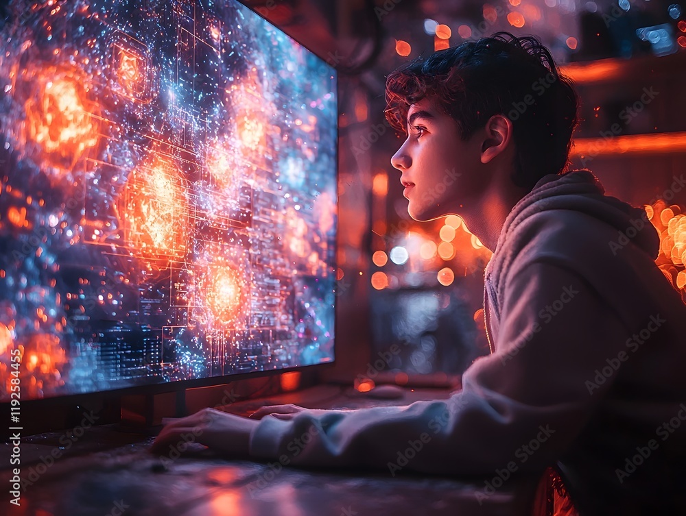 Poster student designing video game characters using glowing hologram displays on computer