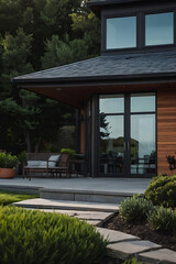 Fototapeta premium Modern Architectural Design: Luxurious Home Exterior with Stunning Landscape