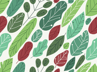 Green leaves seamless pattern, vector various summer and spring foliage tiling wallpaper.