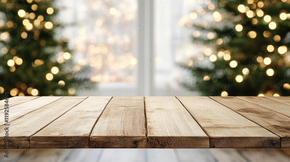 Poster wooden table with soft bokeh christmas lights illuminated in the background creating a warm festive 
