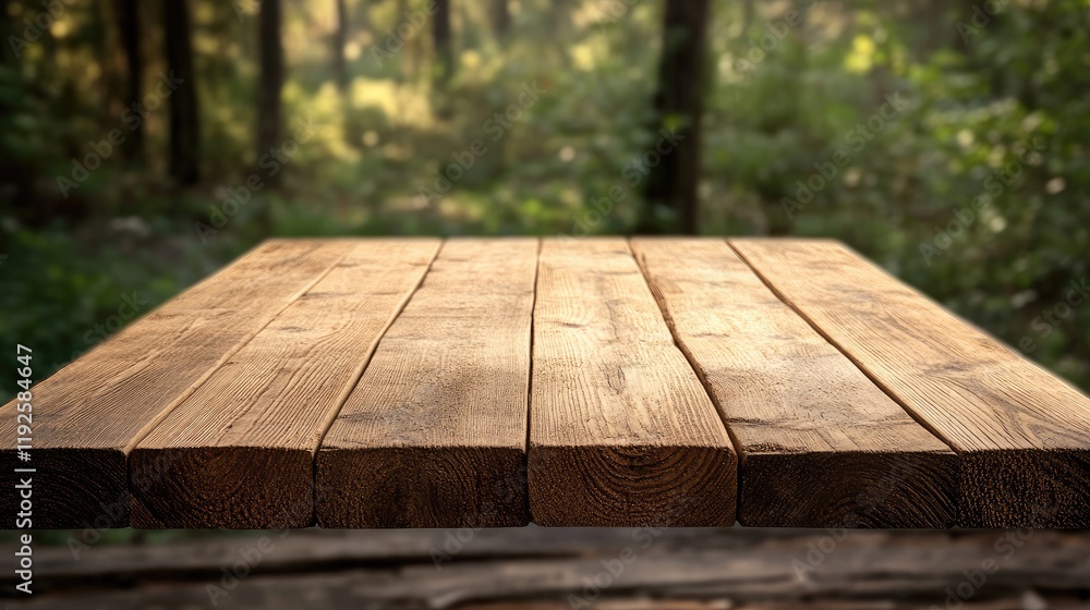 Poster empty rustic wooden table in a serene forest setting with a softly blurred background for product di