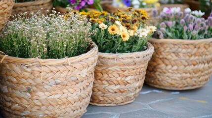 Floral arrangements in natural woven baskets displayed for sale in a vibrant market setting