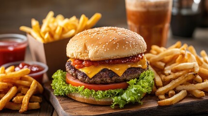 Delicious fast food spread featuring a succulent burger, crispy fries, and refreshing drinks perfect for satisfying cravings on the go.
