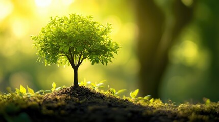 Vibrant fast-growing tree flourishing with lush green leaves in a serene natural setting illuminated by soft sunlight