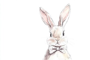 Obraz premium Cute illustrated rabbit wearing a bow tie in a charming pastel style on a white background. Generative AI