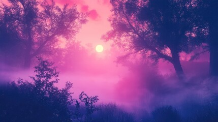 Fototapeta premium Serene Misty Enchanted Forest at Sunrise with Vibrant Colors and Ethereal Fae Creatures in a Fantasy Landscape