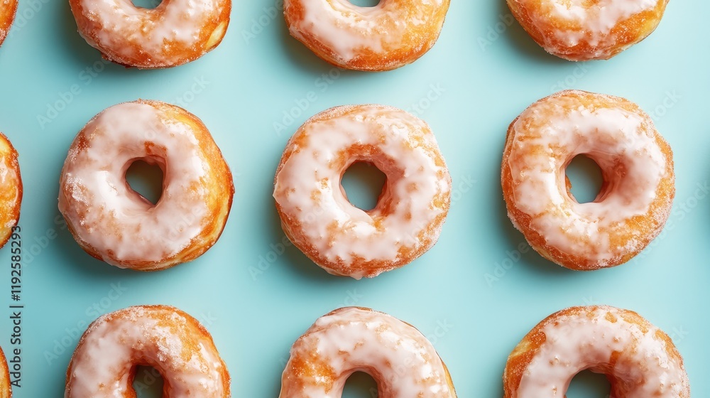 Poster assorted donuts with white glaze arranged on a vibrant blue background creating a visually appealing