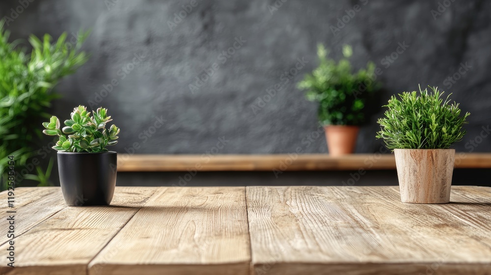 Poster empty rustic wooden table surrounded by potted plants with copy space for text or branding in a cozy