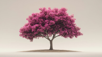 Obraz premium vibrant pink tree stands alone on grassy patch, showcasing its lush foliage and striking color. This stunning visual captures beauty of nature in serene setting
