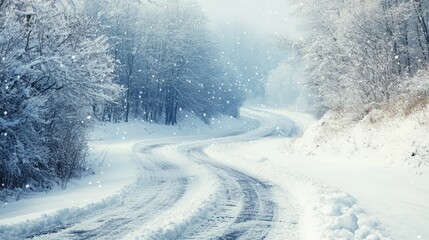 Obraz premium Serene Winter Landscape with Snowy Road and Empty Copy Space for Seasonal Challenges and Text