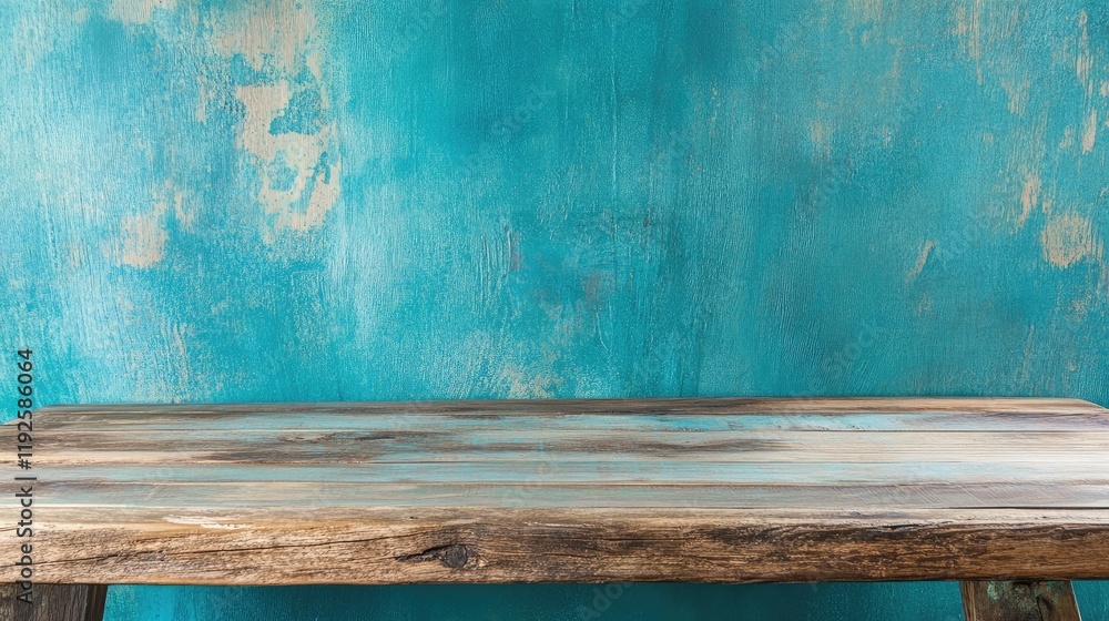 Poster vintage wooden table on teal textured background with copy space for creativity and design projects 