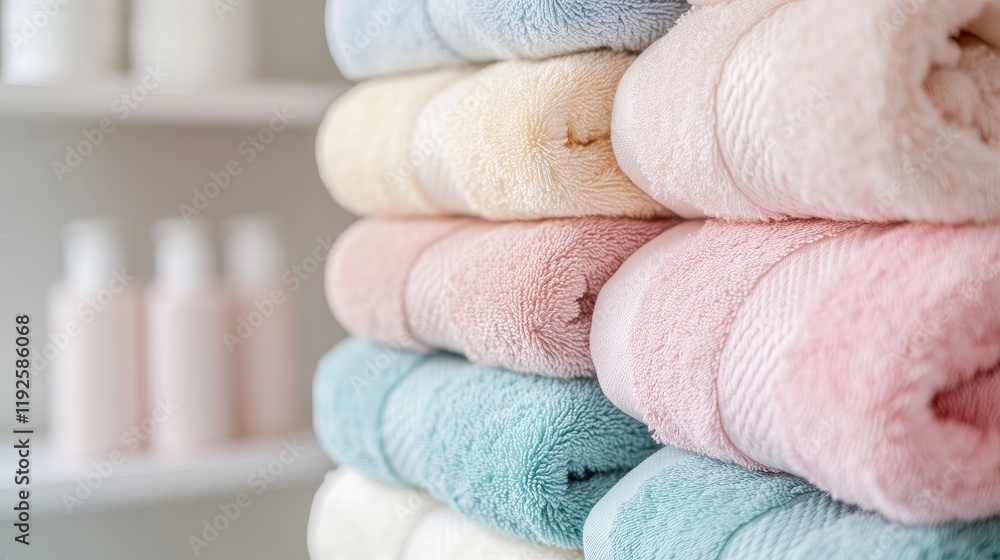 Poster pastel colored soft towels stacked neatly on rack with light background and copy space for home deco