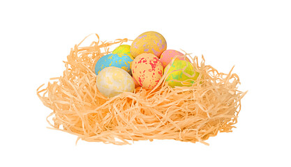 Happy Easter concept. Colorfully decorated Easter eggs on an isolated white background. Easter...