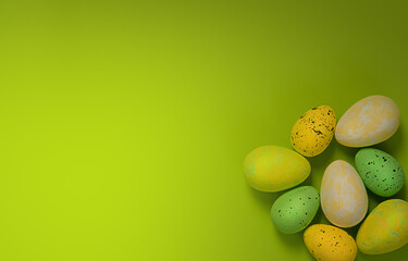 Happy Easter concept. Preparation for holiday. Easter eggs on colored background. flat lay top view copy space banner