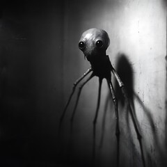 A Surreal Monochromatic Illustration Depicting an Alien Creature with Long Legs and Big Eyes Against a Shadowy Wall