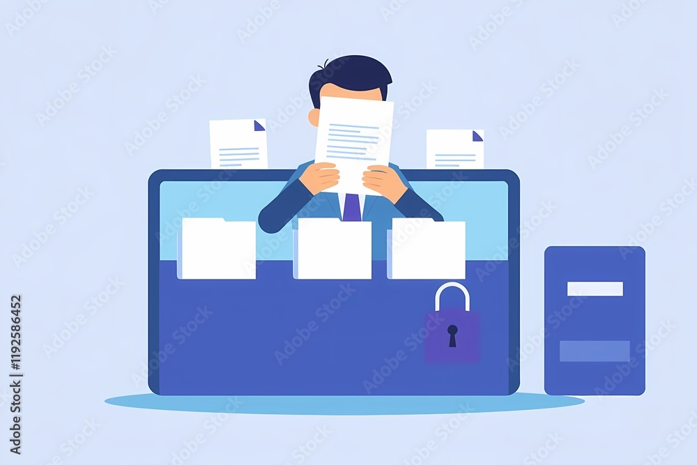 Poster data security: an illustration of a person overwhelmed by paperwork, peeking out from behind a secur