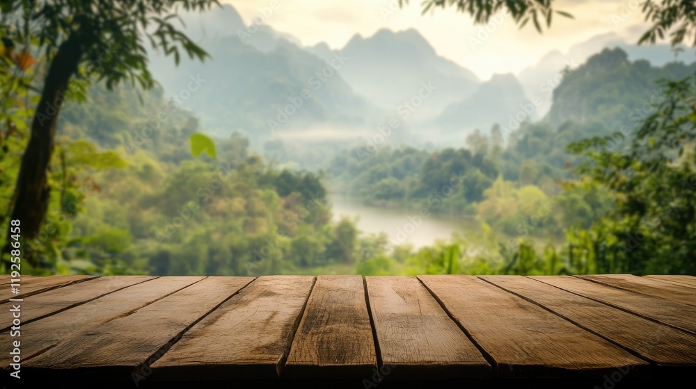 Poster wooden table in nature with blurred scenery background ideal for display and presentation purposes