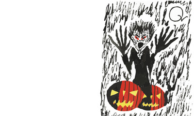 Horror Figure - Halloween - Autumn - Spooky - Black ink and digital colorized - Ink Art - Hand drawn