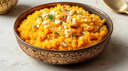Amber bowl with Gajjar Halwa garnished with nuts on light background showcasing dairy free and sugar free Rajasthani plant based dessert
