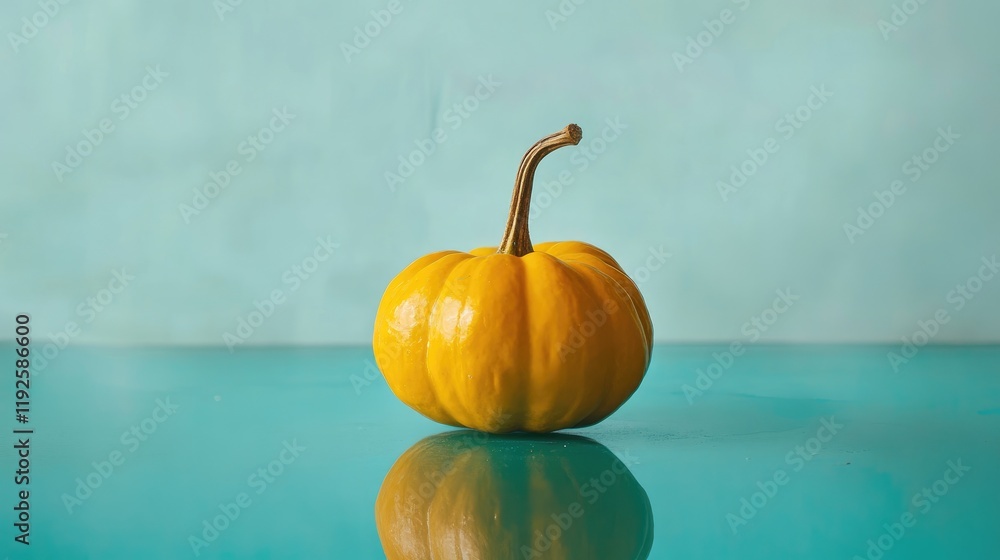 Poster golden gourd with stem reflected on turquoise surface creating a vibrant autumnal display in vertica