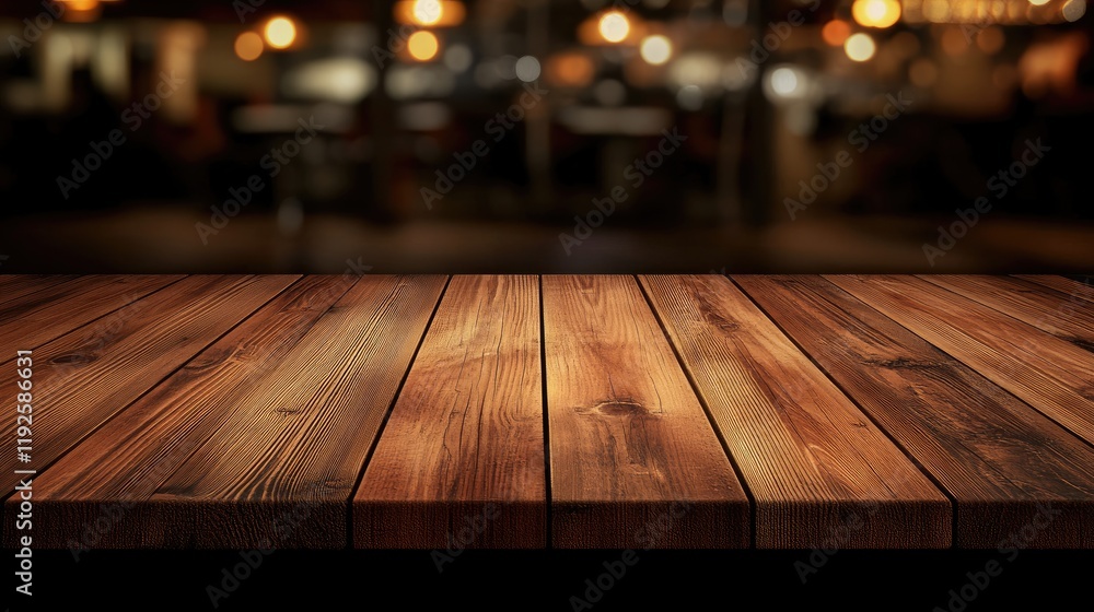 Poster empty rustic wooden table with softly blurred restaurant ambience in background suitable for food an