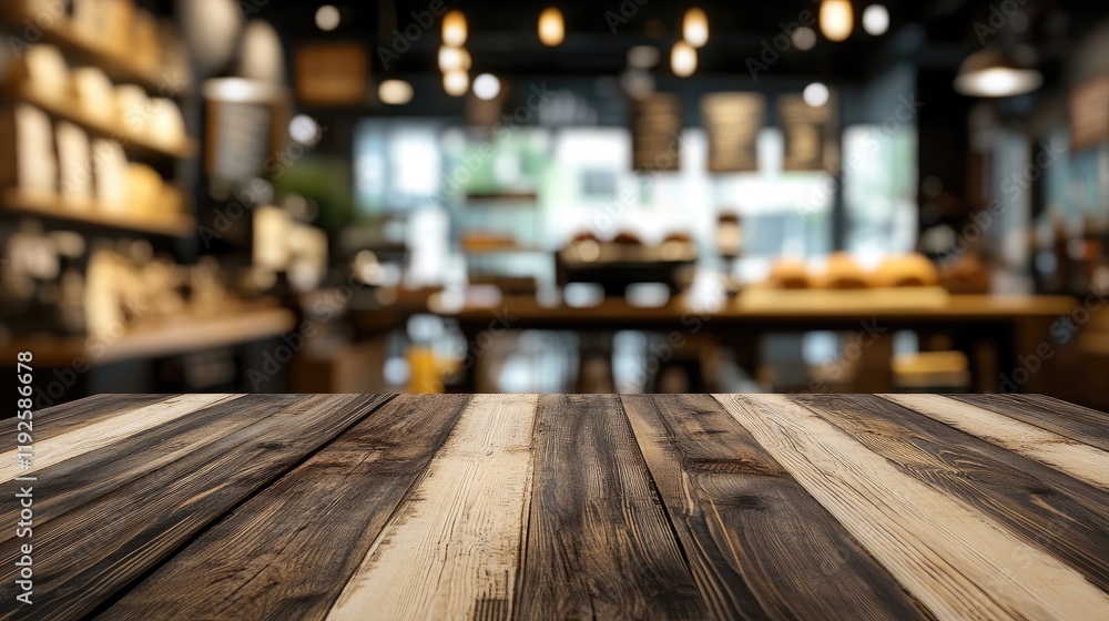 Poster wooden tabletop in a cozy bakery setting with blurred background creating a warm and inviting atmosp