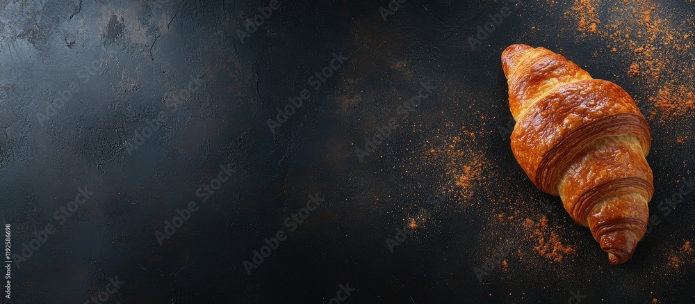 Aufkleber golden croissant on dark textured surface with empty space for culinary text or branding showcasing 