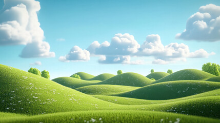 Obraz premium Lush green hills under bright blue sky with fluffy clouds create serene landscape. vibrant scenery evokes sense of peace and tranquility, perfect for nature lovers
