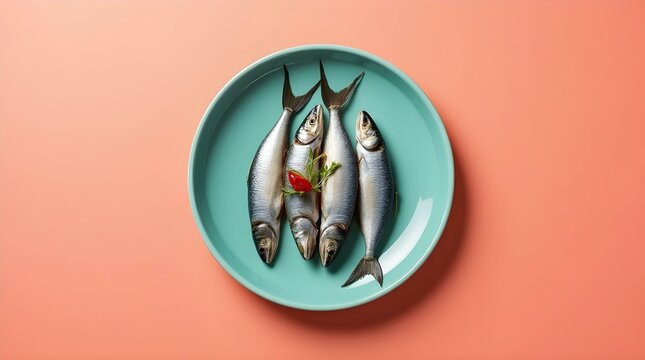 Four fresh fish arranged on a teal oval plate against a vibrant orange background, with a sprig of rosemary and a chili pepper adding a touch of color