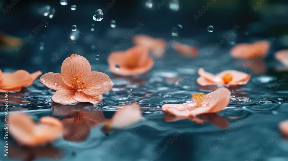 Poster tranquil water surface with peach petals and raindrops creating enchanting reflections in a calm atm