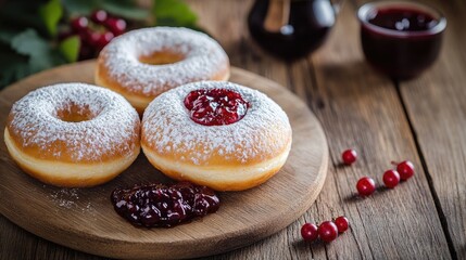 Delicious donuts with powdered sugar and currant jam served with coffee on a rustic wooden table background