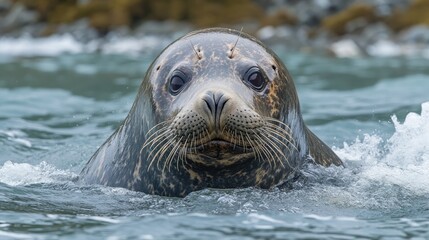 Obraz premium Male elephant seal swimming in coastal waters showcasing its distinct features and natural habitat in a serene environment.