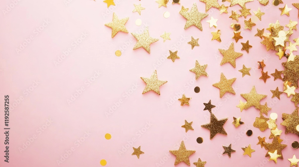 Poster golden stars confetti scattered on a soft pink background creating a festive and minimalistic design