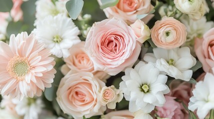 Fototapeta premium Elegant floral arrangement featuring soft pink and white blooms creating a romantic and serene atmosphere for special occasions.