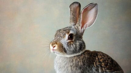 Obraz premium Domestic Rabbit Portrait on Soft Textured Background Capturing Details of Fur and Ears in Gentle Light