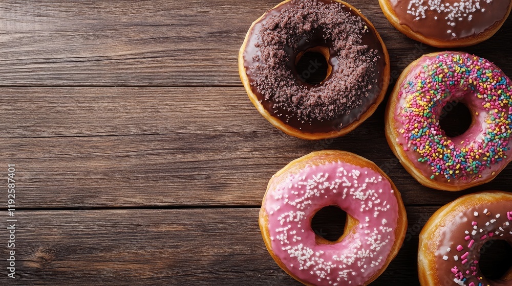 Poster assorted colorful donuts arranged on a rustic wooden surface showcasing delicious toppings and textu