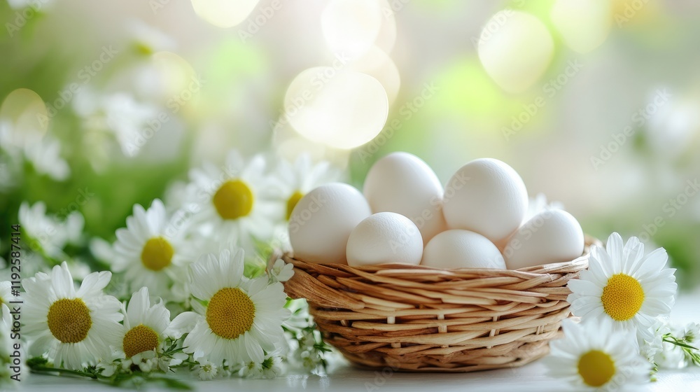 Poster fresh white eggs in a woven basket surrounded by daisies and soft bokeh background creating a serene