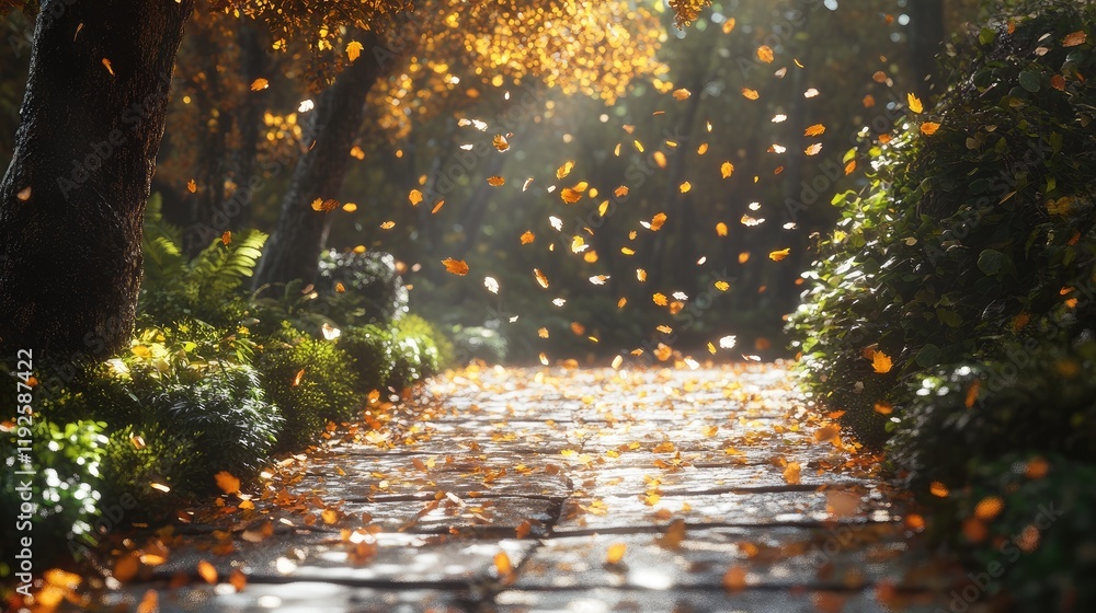 Aufkleber autumn pathway in an enchanted forest with drifting oak leaves illuminated by soft sunlight creating