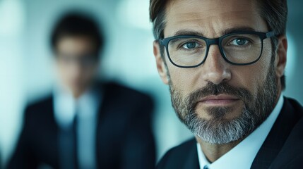 A thoughtful businessman in glasses, exuding confidence and professionalism, with a blurred colleague in the background, suggesting a corporate environment.