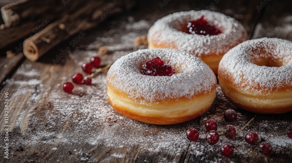 Poster donuts dusted with powdered sugar accompanied by coffee and currant jam on a rustic wooden table set