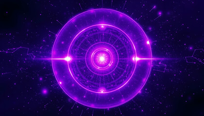 Obraz premium Abstract purple energy sphere round glowing magical digital futuristic space background, sticker style, with white tones