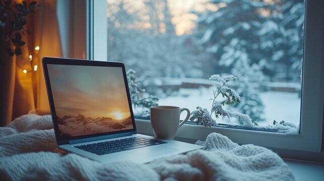 Cozy scene of a laptop displaying a mountain sunset wallpaper, a coffee mug, and a snowy view through the window.