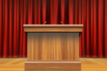 Wooden podium against red curtains 