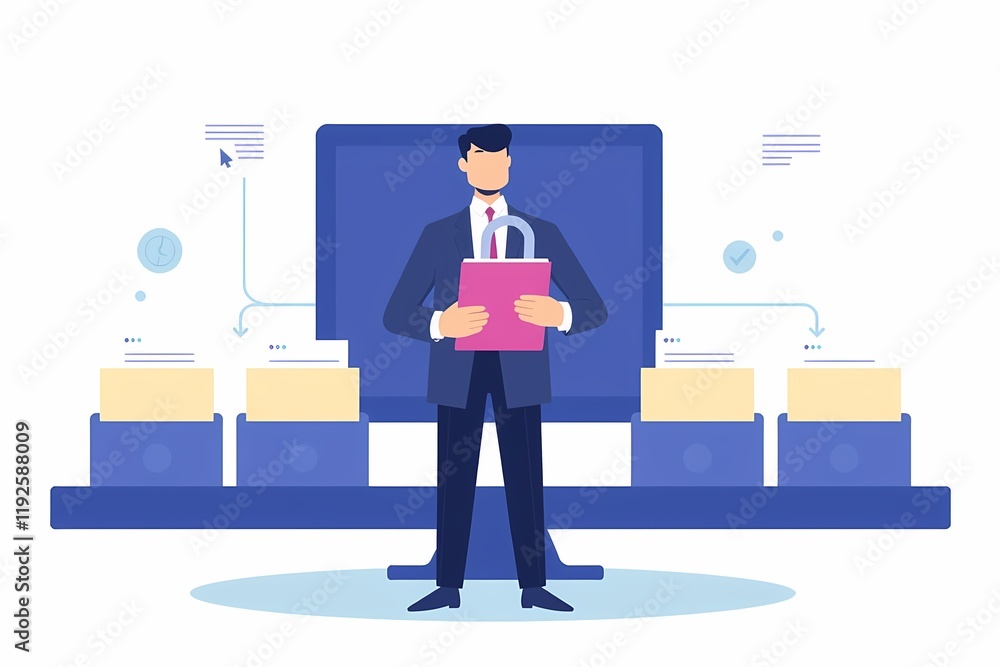 Poster data security guardian: a confident businessman in a suit stands resolutely in front of a network of