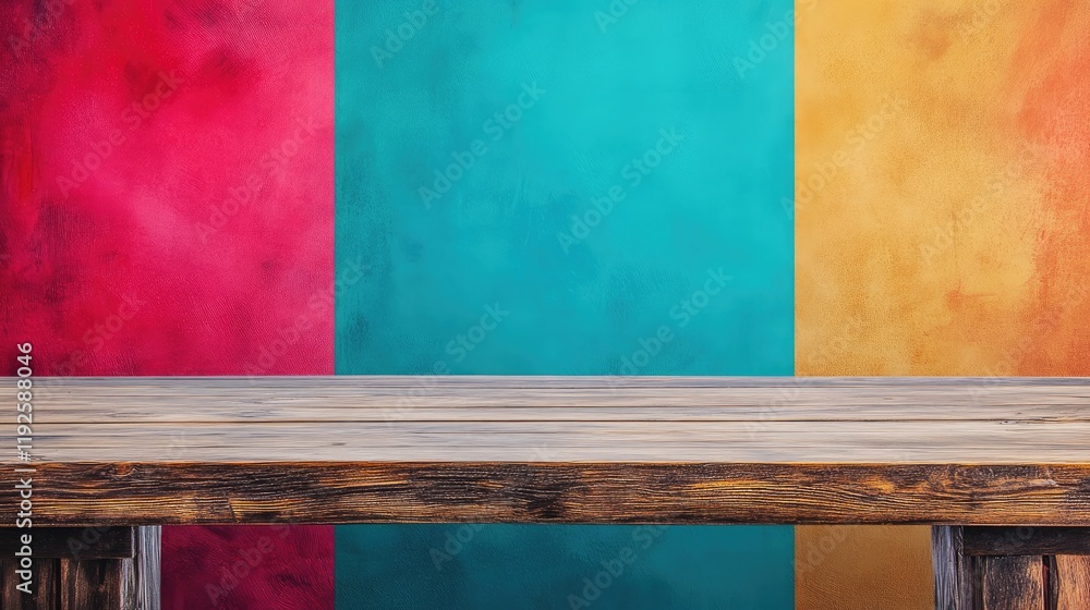 Poster empty rustic wooden table against a colorful textured background ideal for product display or creati